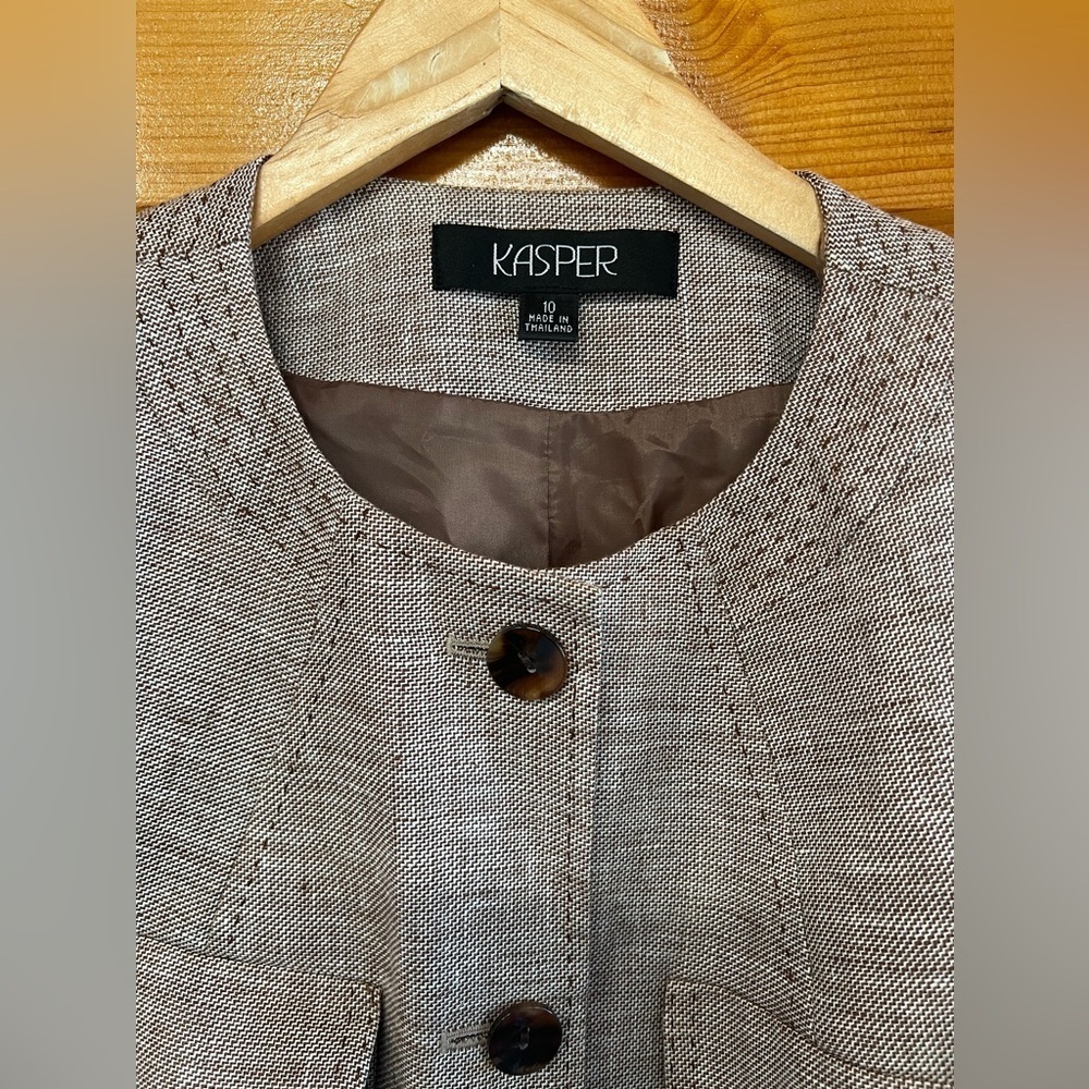 Kasper Women’s Brown Tweed Lined 4 Pockets Linen Longsleeve Jacket 10 - Picture 4 of 7